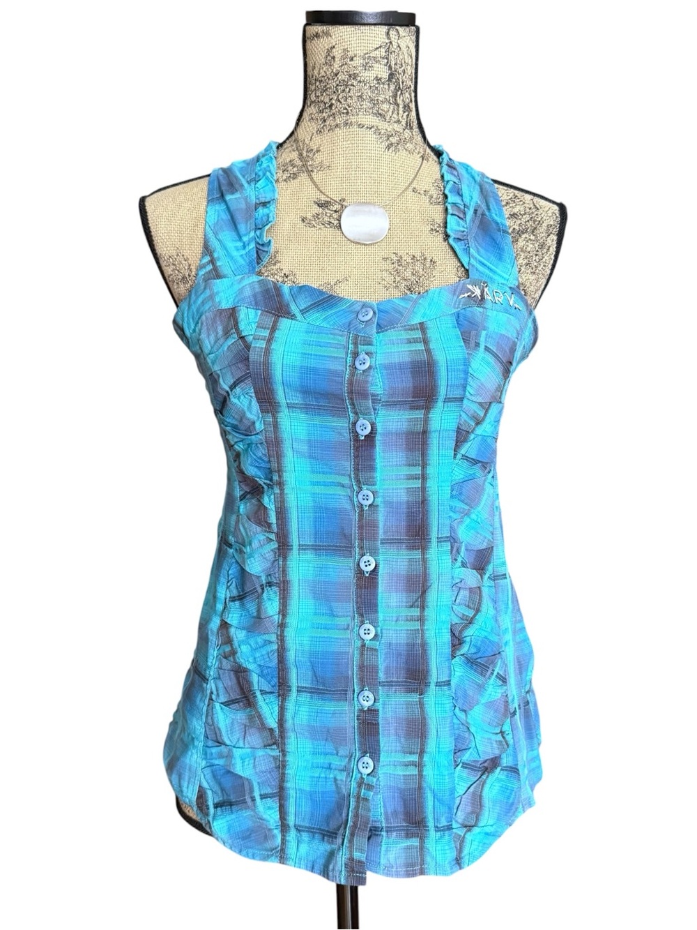 Y2K Kärv Blue Plaid Button-Front Tank Top Size M